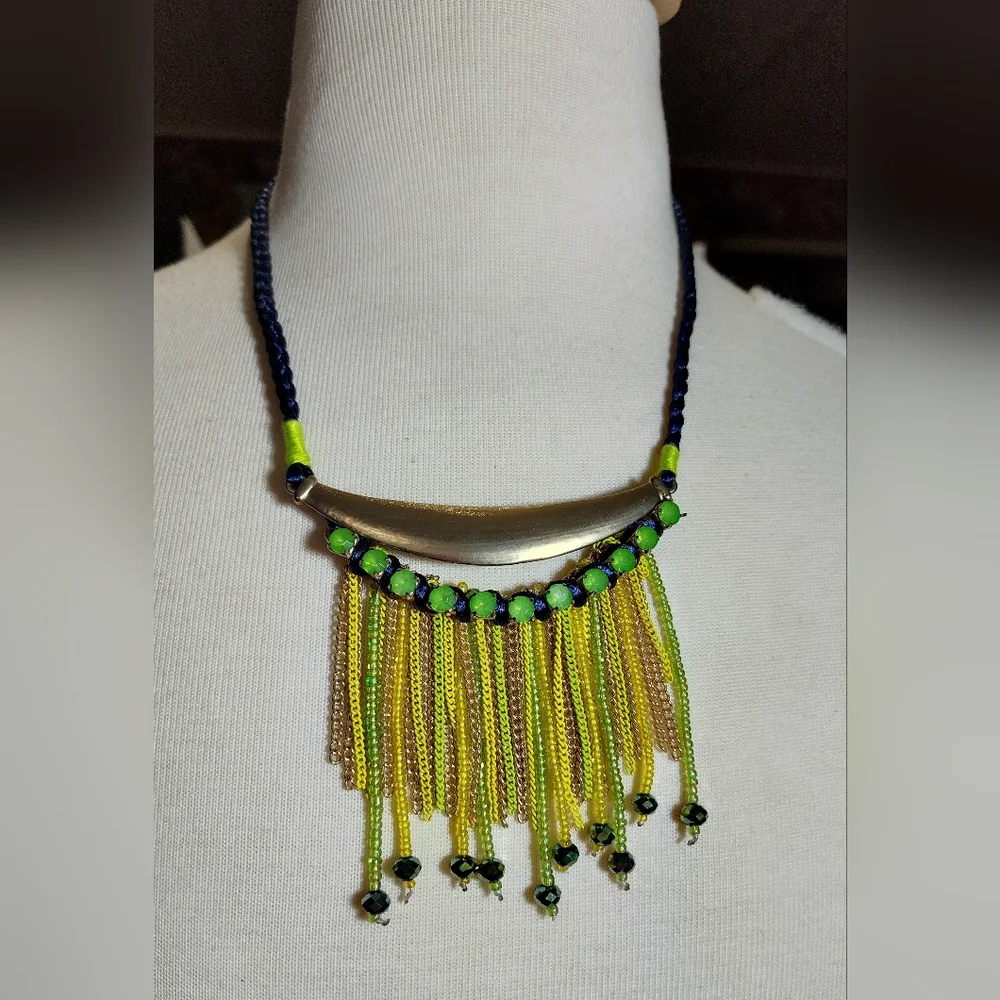 Statement Bohemian Gold and Green Beaded Necklace Nwot